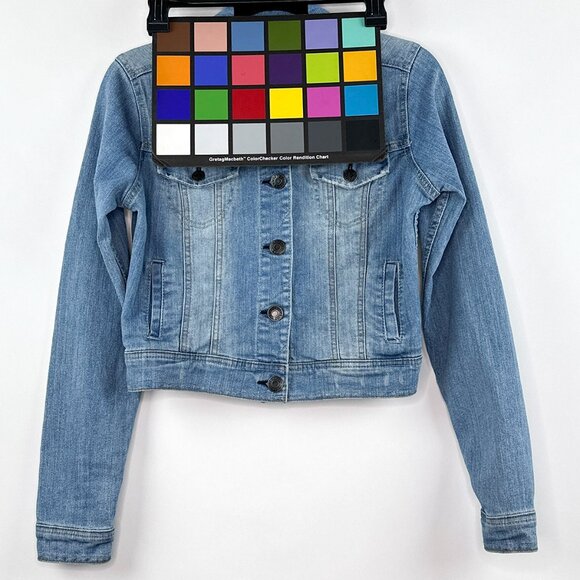 Celebrity Pink Jeans Cropped Denim Jacket Light Wash Distressed Jacket Size S - Picture 15 of 15